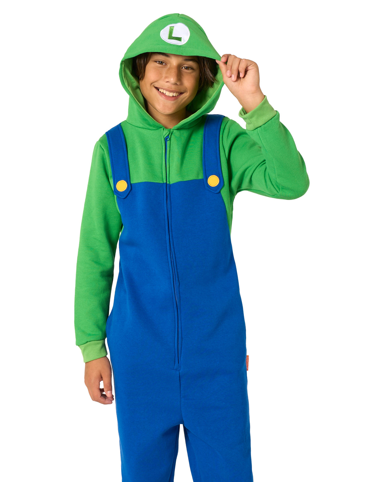 Gros plan sur la capuche de la combinaison Luigi pour enfant