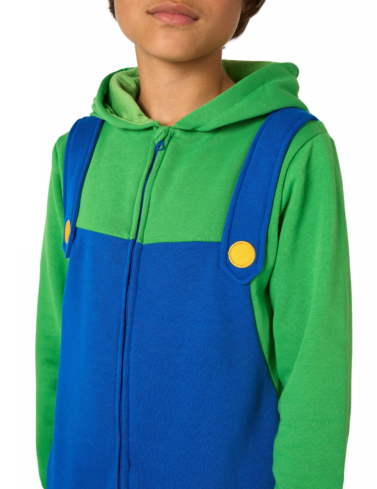 Détail du buste et des bretelles de la combinaison Luigi pour enfant