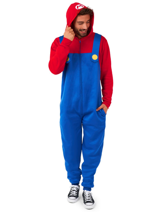Combinaison Mario pour adulte rouge et bleue à capuche