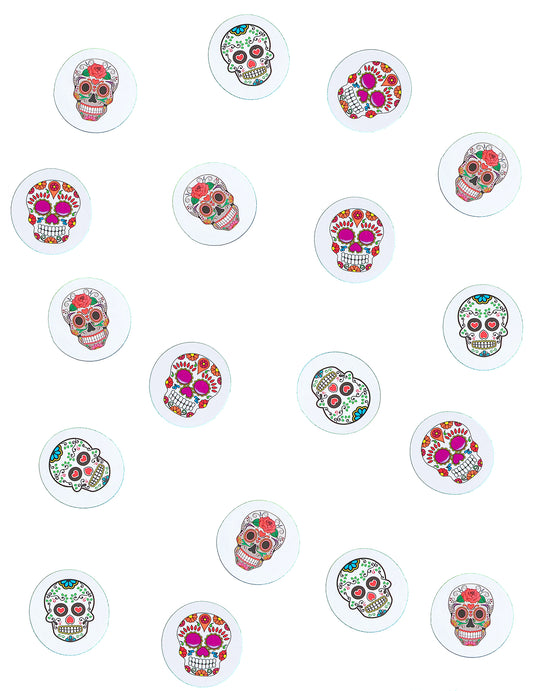 Détail des différents motifs des confettis de table papier Dia de los muertos