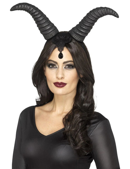 Cornes reine démoniaque pour femme Halloween noires avec dentelle et pendentif