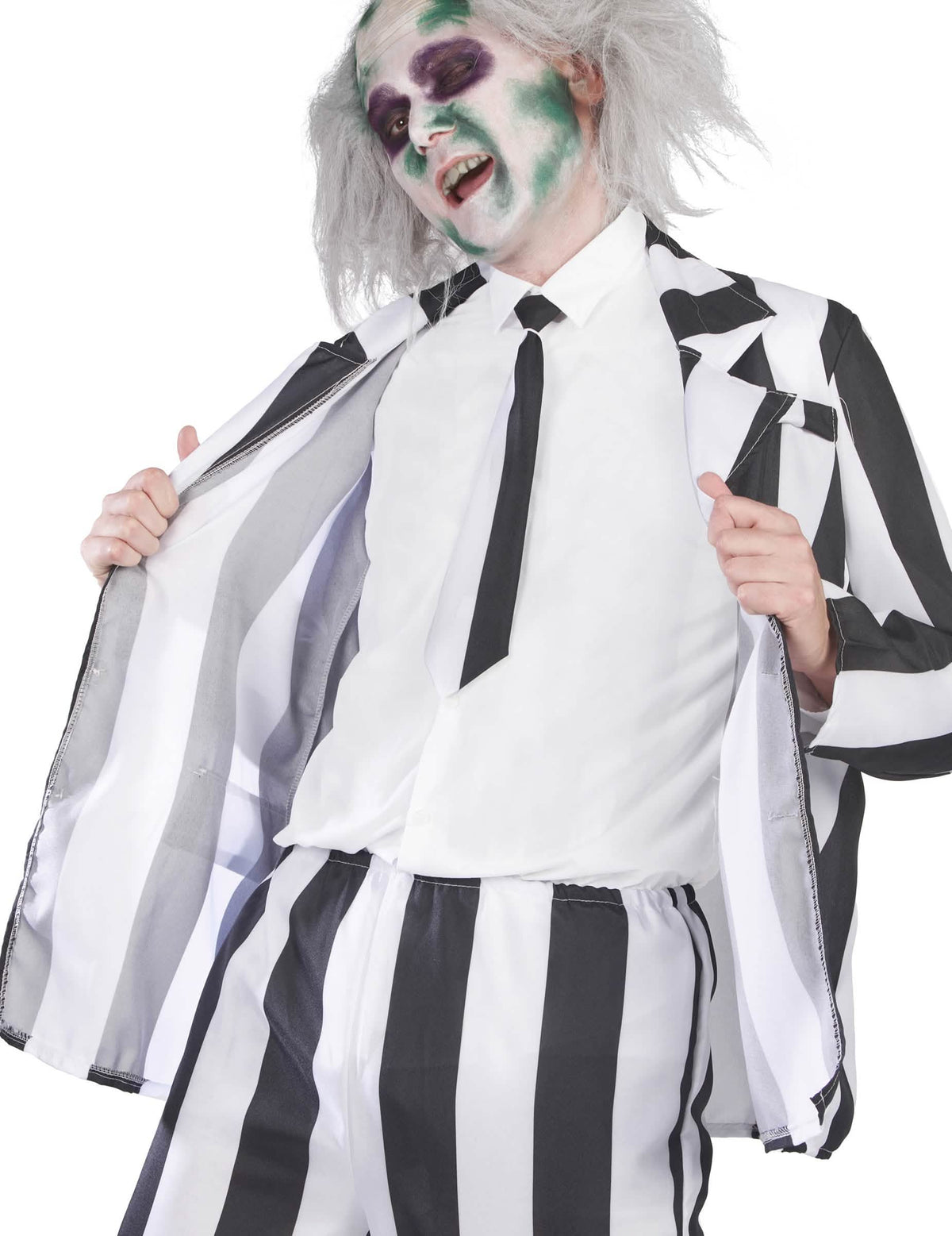 Vue de face du costume de fantôme à rayures noires et blanches pour homme