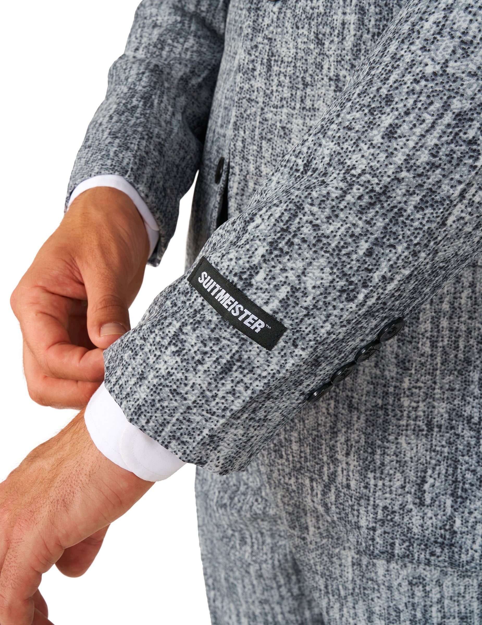 Détail de l'étiquette Suitmeister sur la manche du costume Mr. Années 20 Gangster