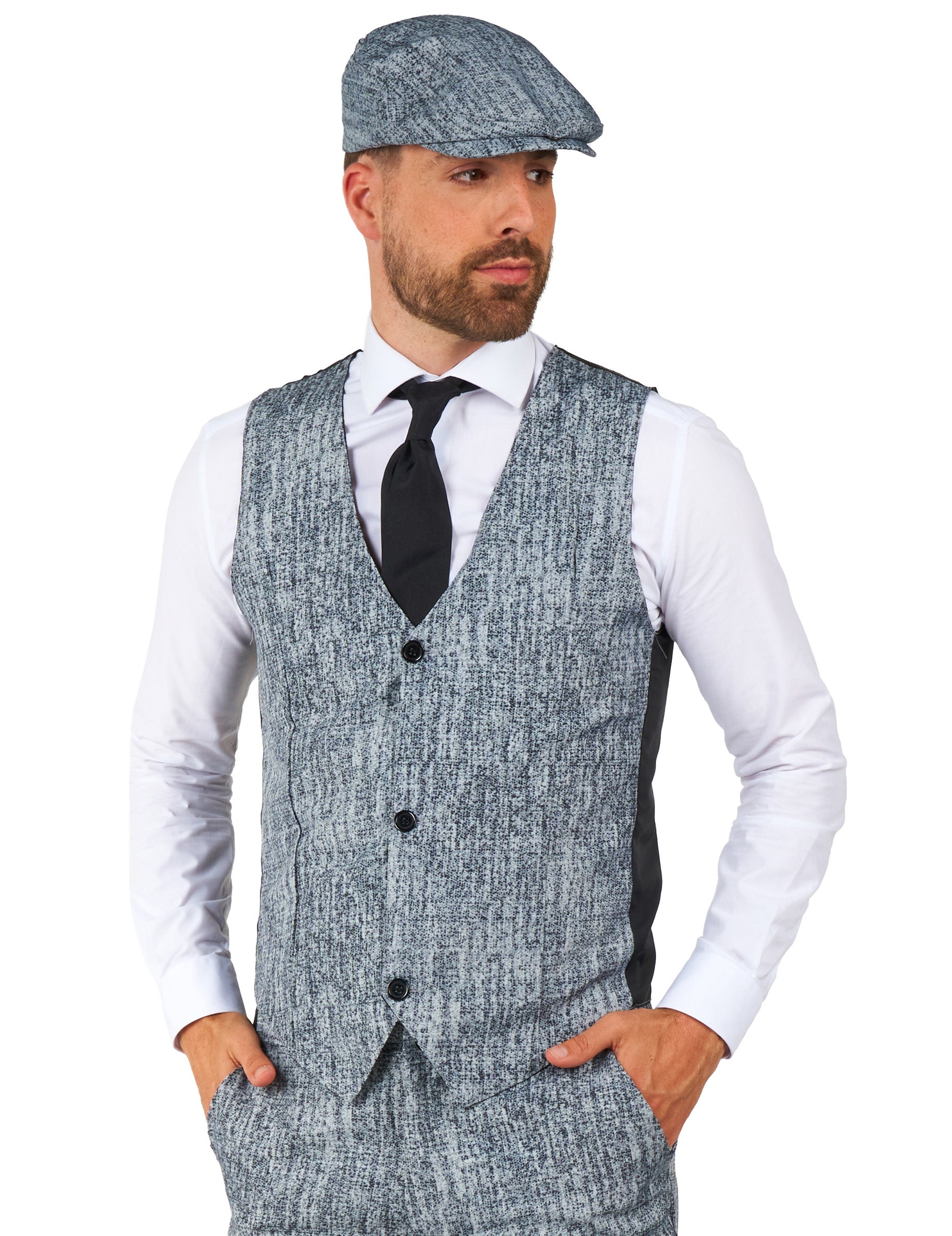 Vue de face du gilet et de la casquette du costume Mr. Années 20 Gangster