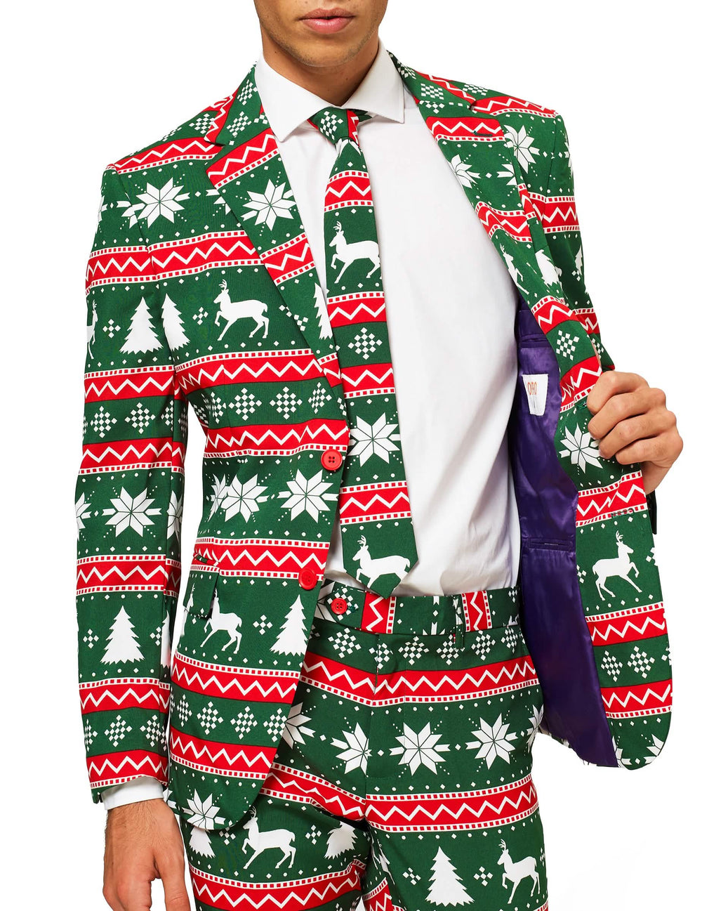 Празничен костюм Mr. Festive за мъж зелен с мотиви на коледа северни елени и елхи