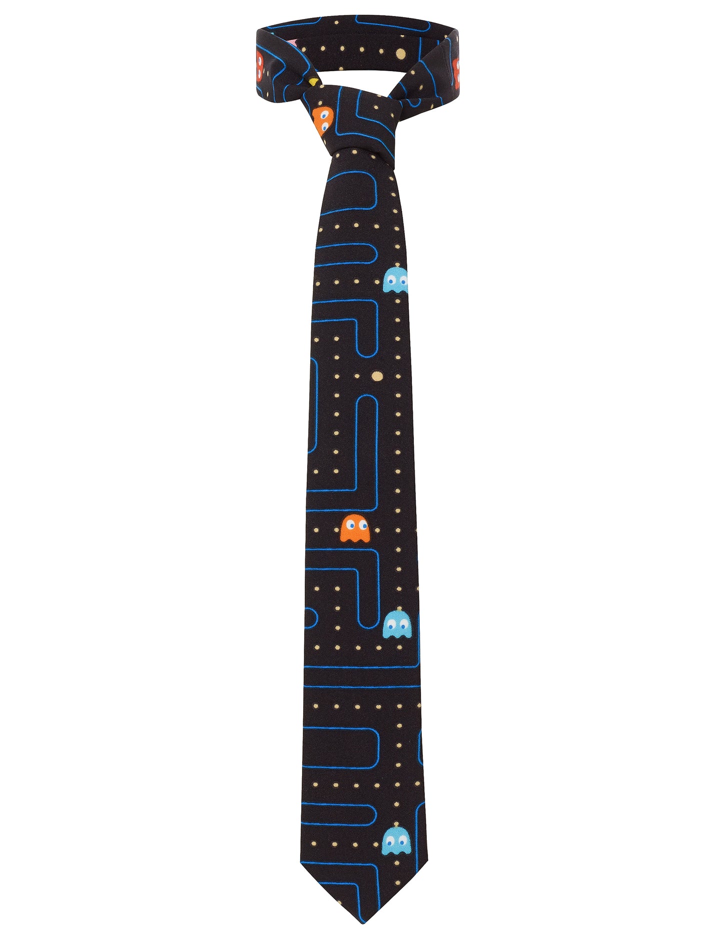 Cravate Mr. Pac-Man pour homme noir à motifs labyrinthe et fantômes