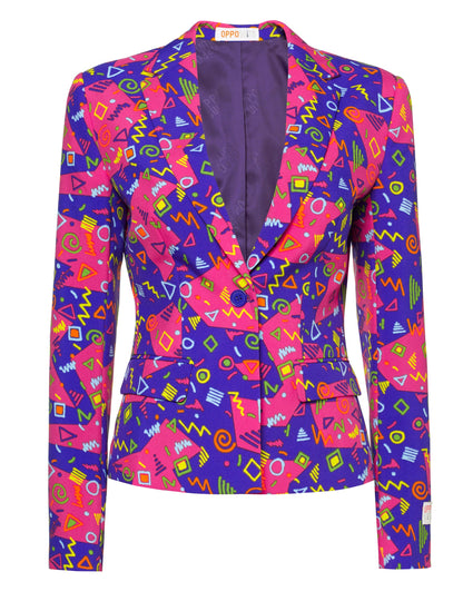 Vue de face de la veste du Costume Mrs. Symbole coloré à motifs géométriques