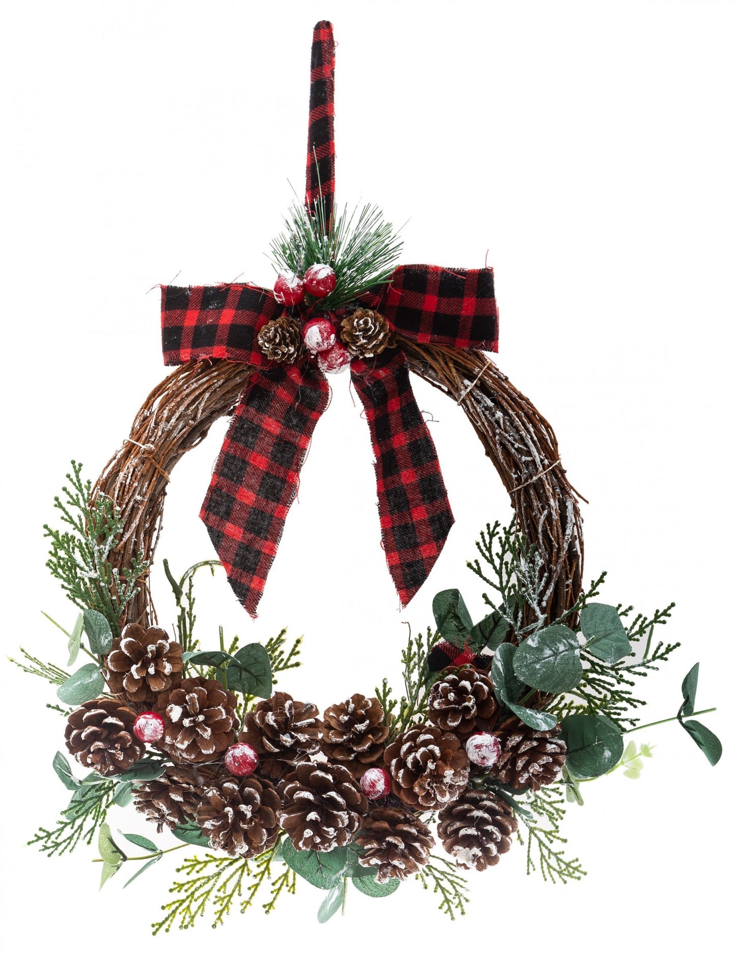 Висяща корона с тартанова панделка и шишарки 40 cm 