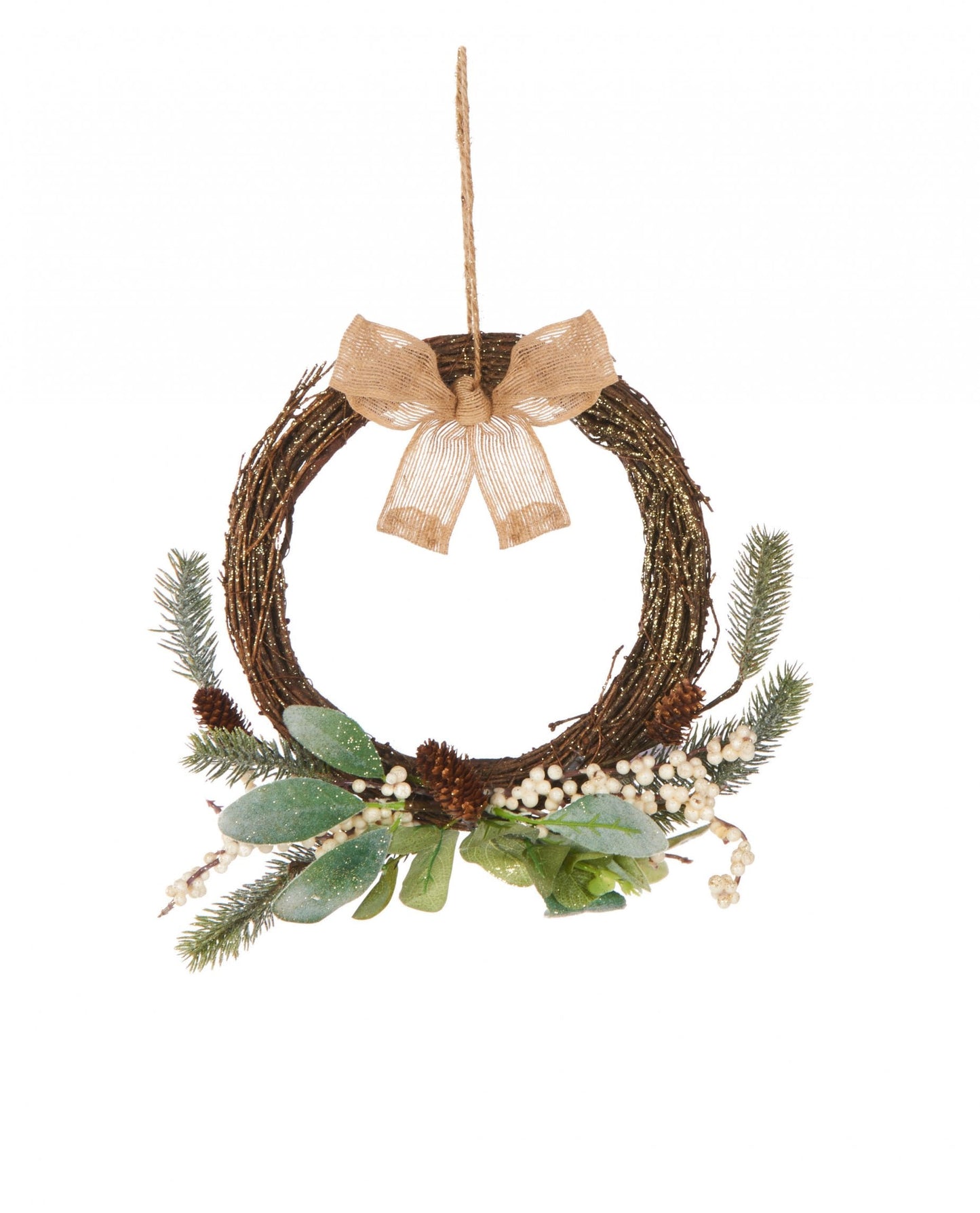 Couronne à suspendre naturelle eucalyptus avec petit nœud marron et baies blanches