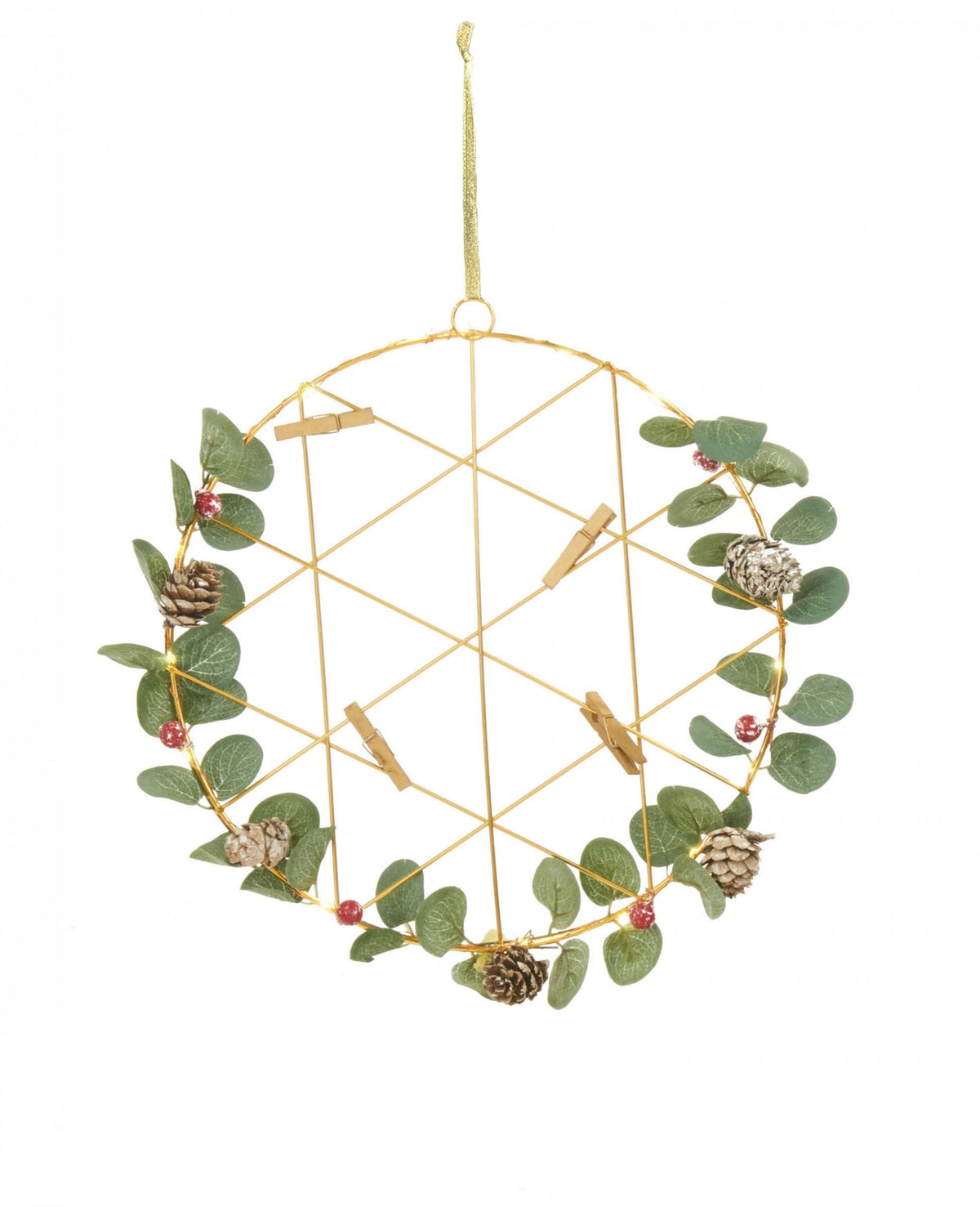 Couronne à suspendre pêle-mêle lumineuse à pinces pour décoration dorée avec eucalyptus et pommes de pin