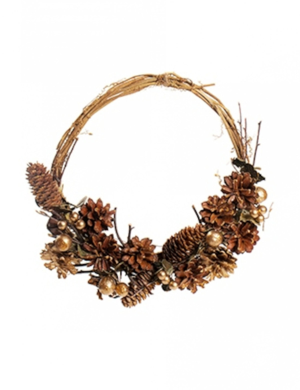 Couronne à suspendre pommes de pin scintillantes pour décoration en osier marron et doré