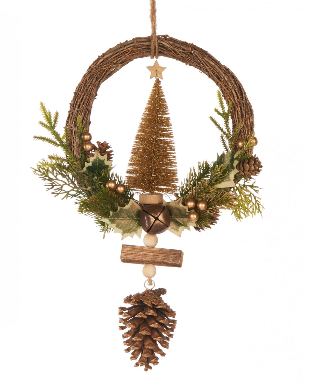 Couronne à suspendre sapin doré pour décoration de Noël avec pommes de pin