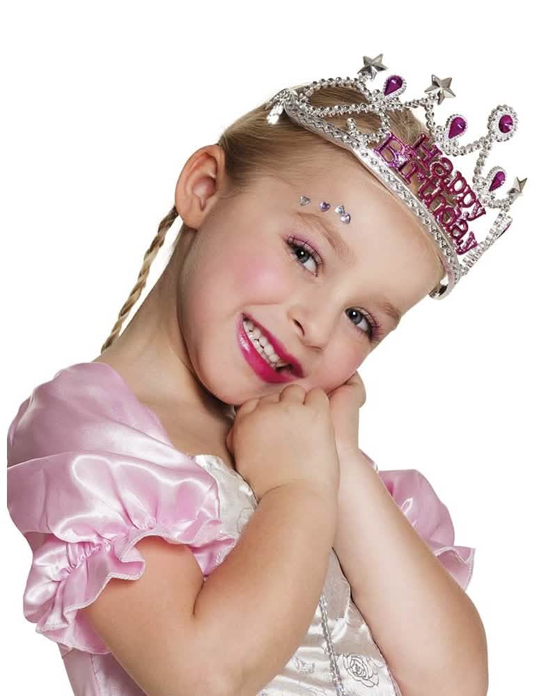 Сребърна корона Happy Birthday за момиче с розови стрази