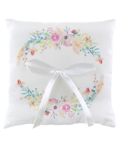 Coussin d'alliances mariage fleuri pour mariage blanc avec ruban satin