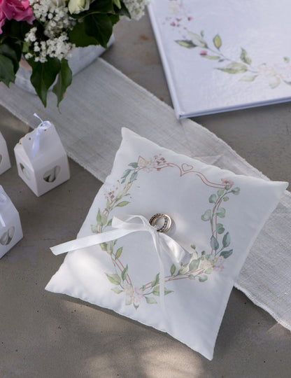 Възглавничка за венчална халка с ботанически мотив, 18 x 18 cm държач за пръстен