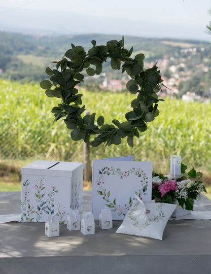 Възглавничка за венчална халка с ботанически мотив, 18 x 18 cm държач за пръстен