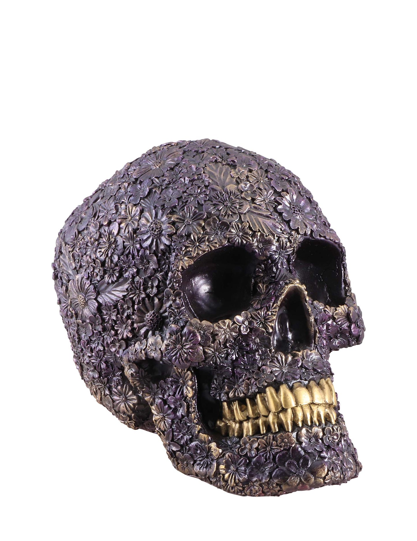 Лилав флорален череп, изработен от смола, 22 см