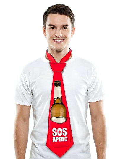 Cravate anti-soif SOS Apéro pour adulte rouge avec porte-bouteille