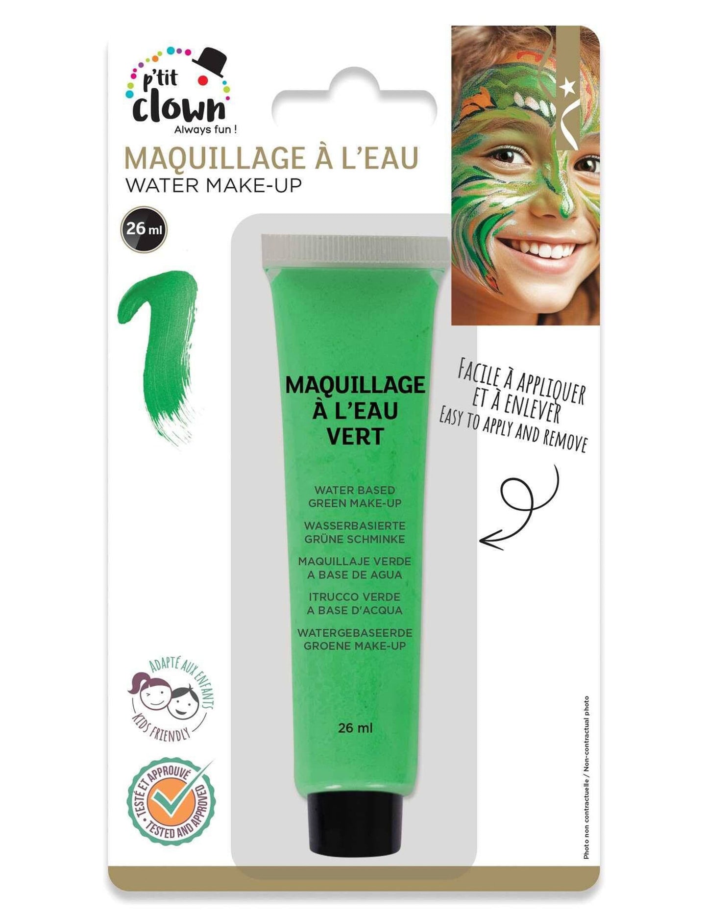 Vue du packaging de la crème de grimage maquillage à l'eau pour enfant et adulte vert