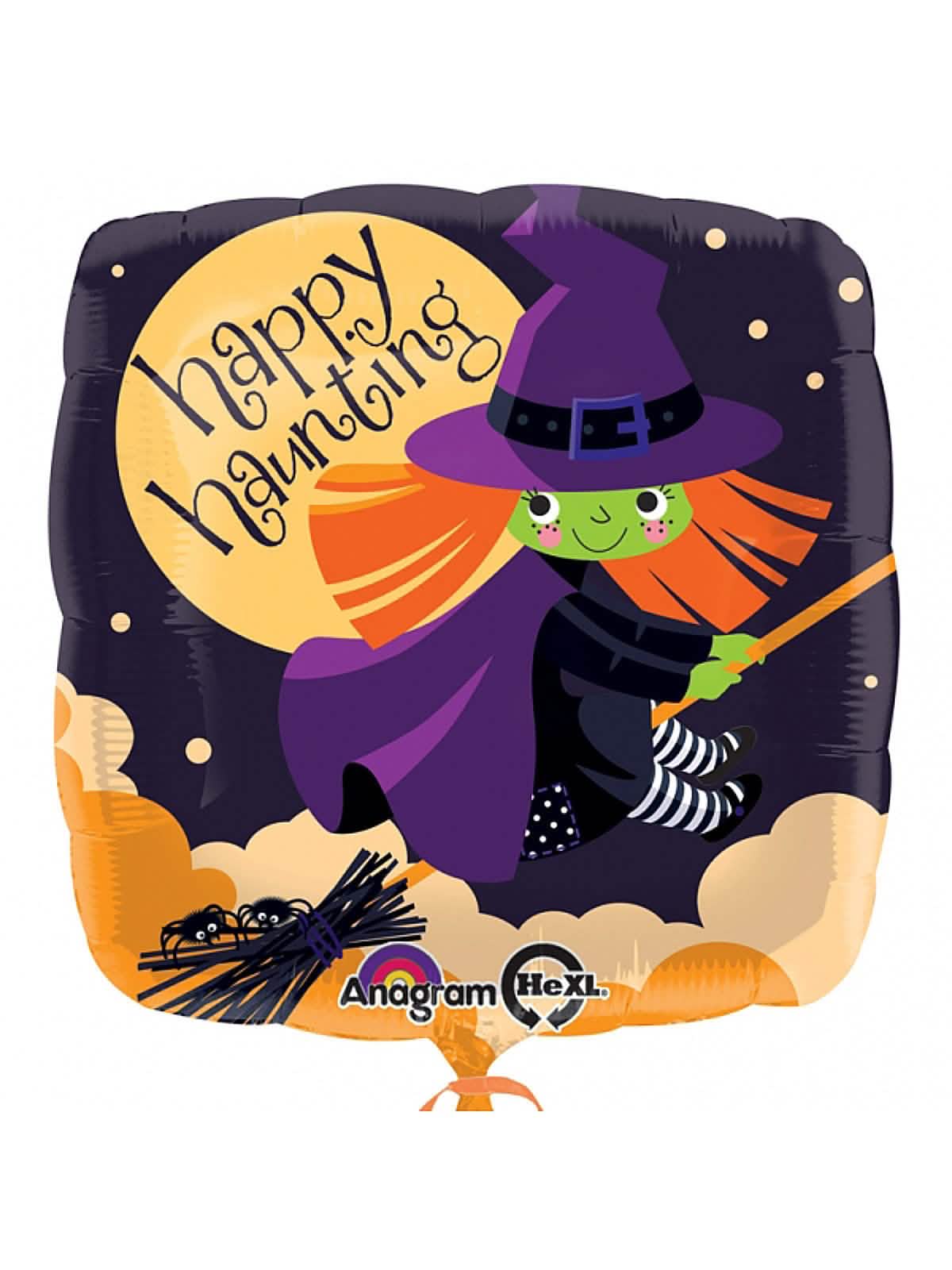 Алуминиев балон вещица за halloween лилав и оранжев с надпис Happy Haunting