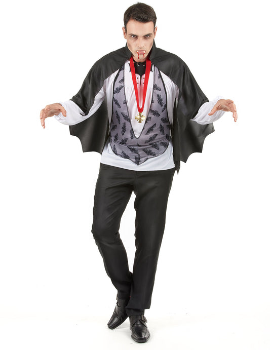 Déguisement Dracula Halloween pour homme noir et blanc avec gilet à motifs chauve-souris