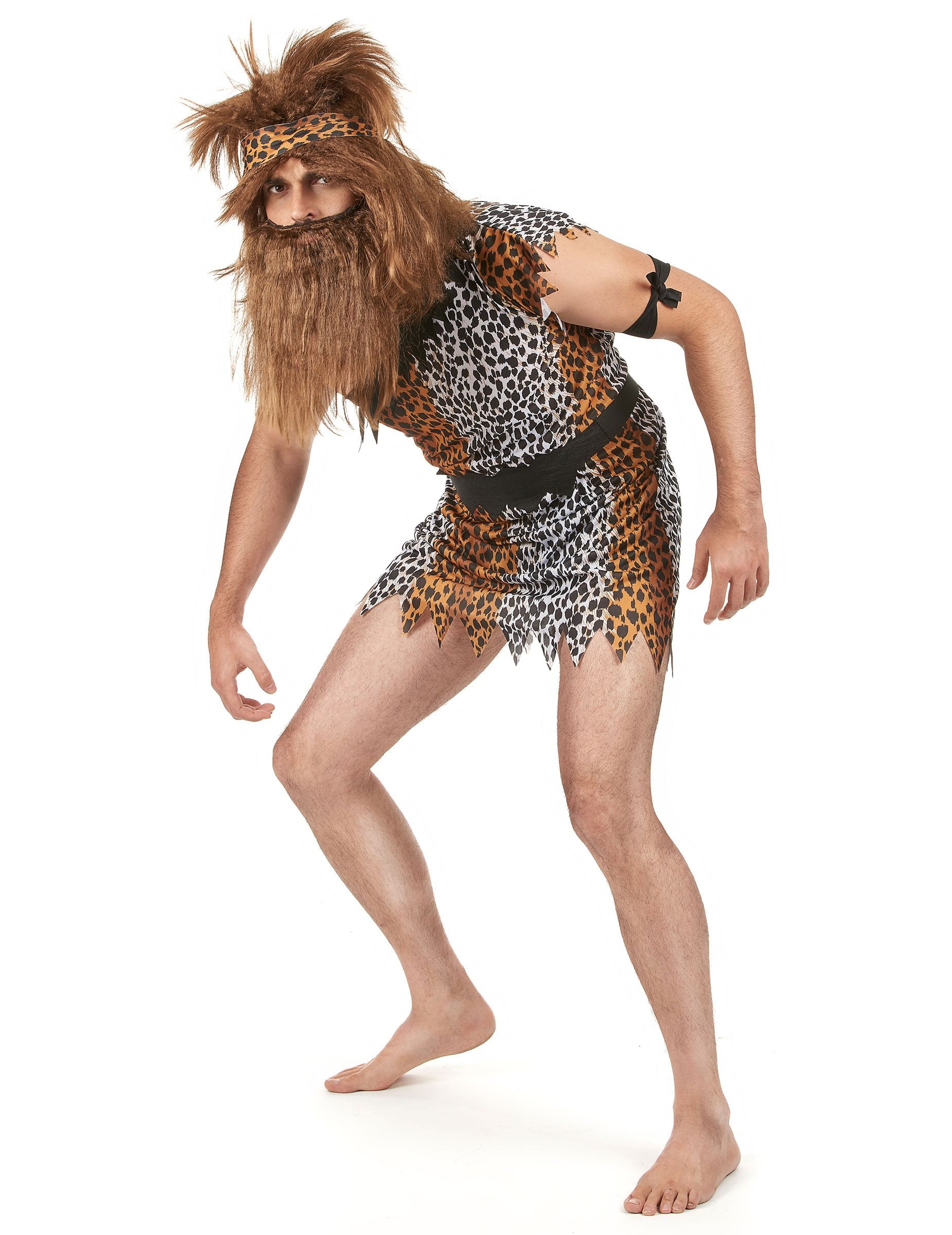 Преден изглед с брада и перука на костюма на мъж от пещерата