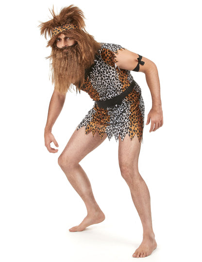 Преден изглед с брада и перука на костюма на мъж от пещерата