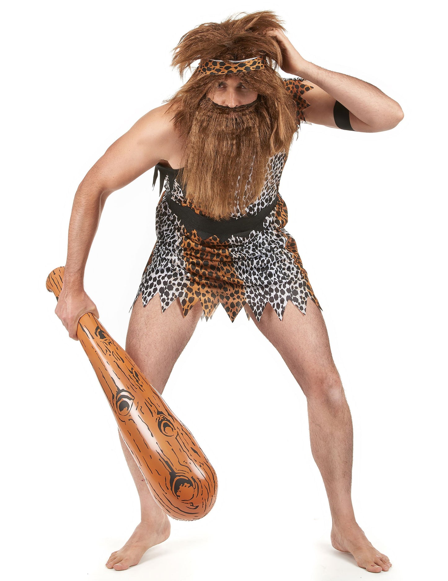 Костюм на мъж от пещерата с леопардов принт и надуваема бухалка