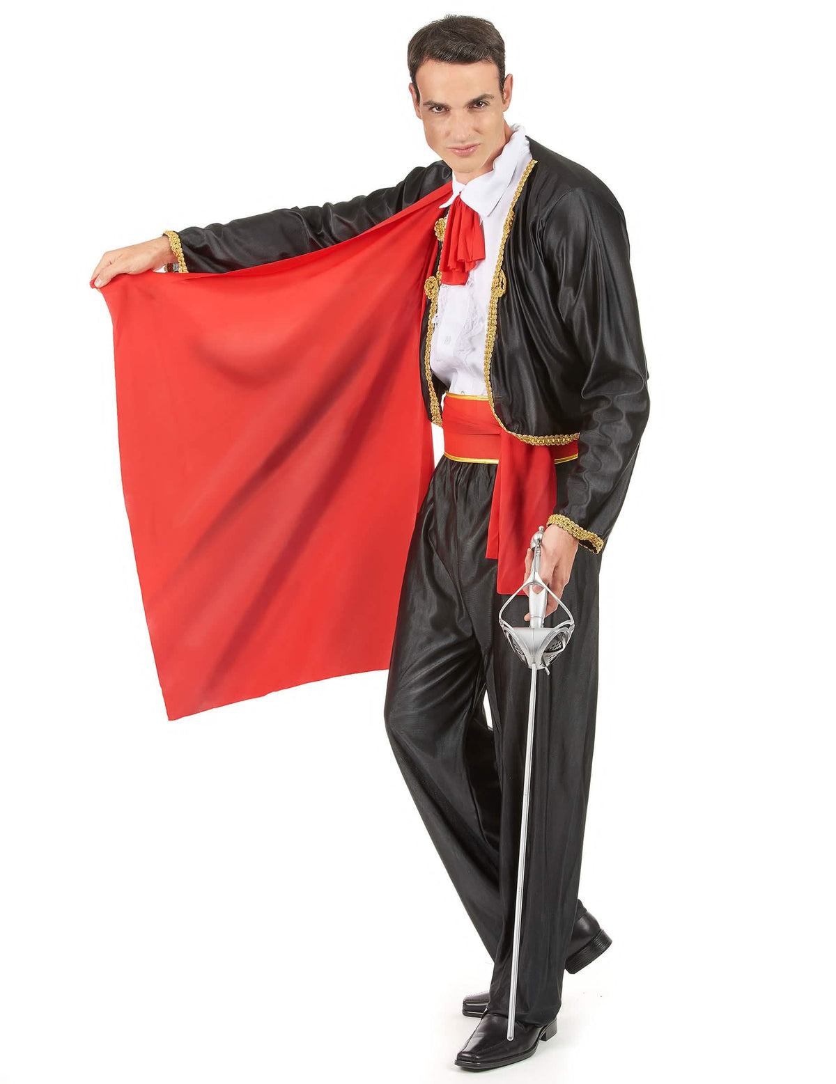 Déguisement de matador pour homme noir et rouge avec dorures et cape