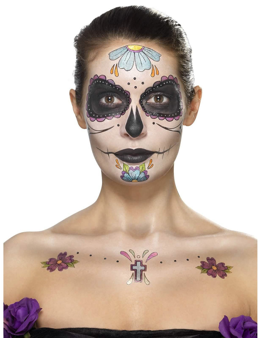 Общ преглед на съдържанието на комплекта грим Dia de los muertos за жена с сини цветя