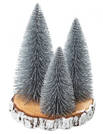 Декорация сребърни ела на дървен труп 20 x 15 cm
