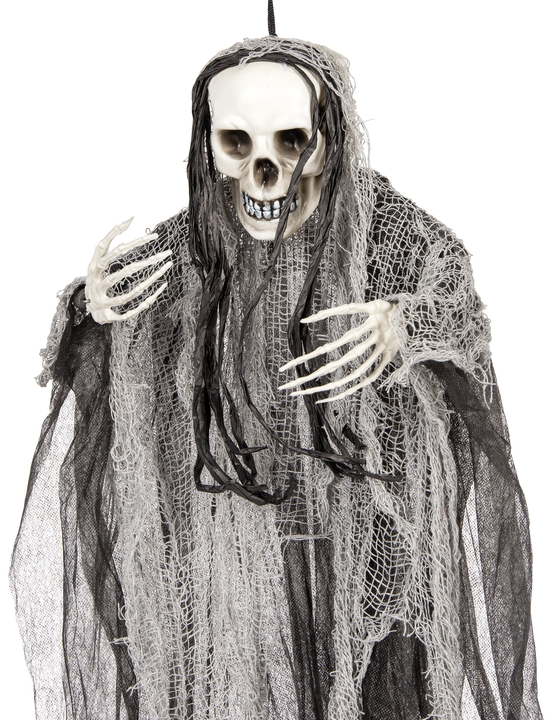 Détail du crâne et des mains de la décoration à suspendre faucheuse Halloween