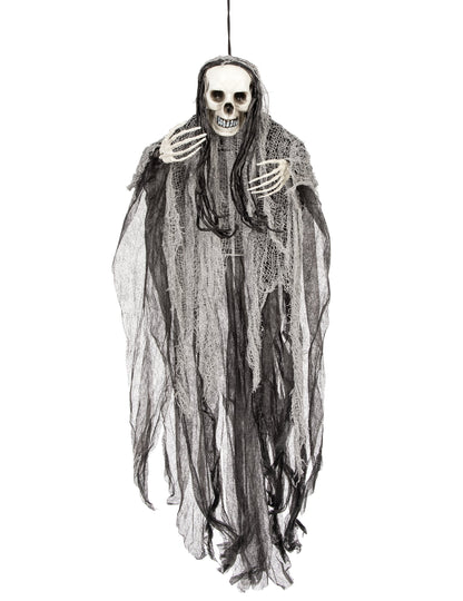 Décoration à suspendre faucheuse Halloween noir et gris avec longs voiles et cheveux