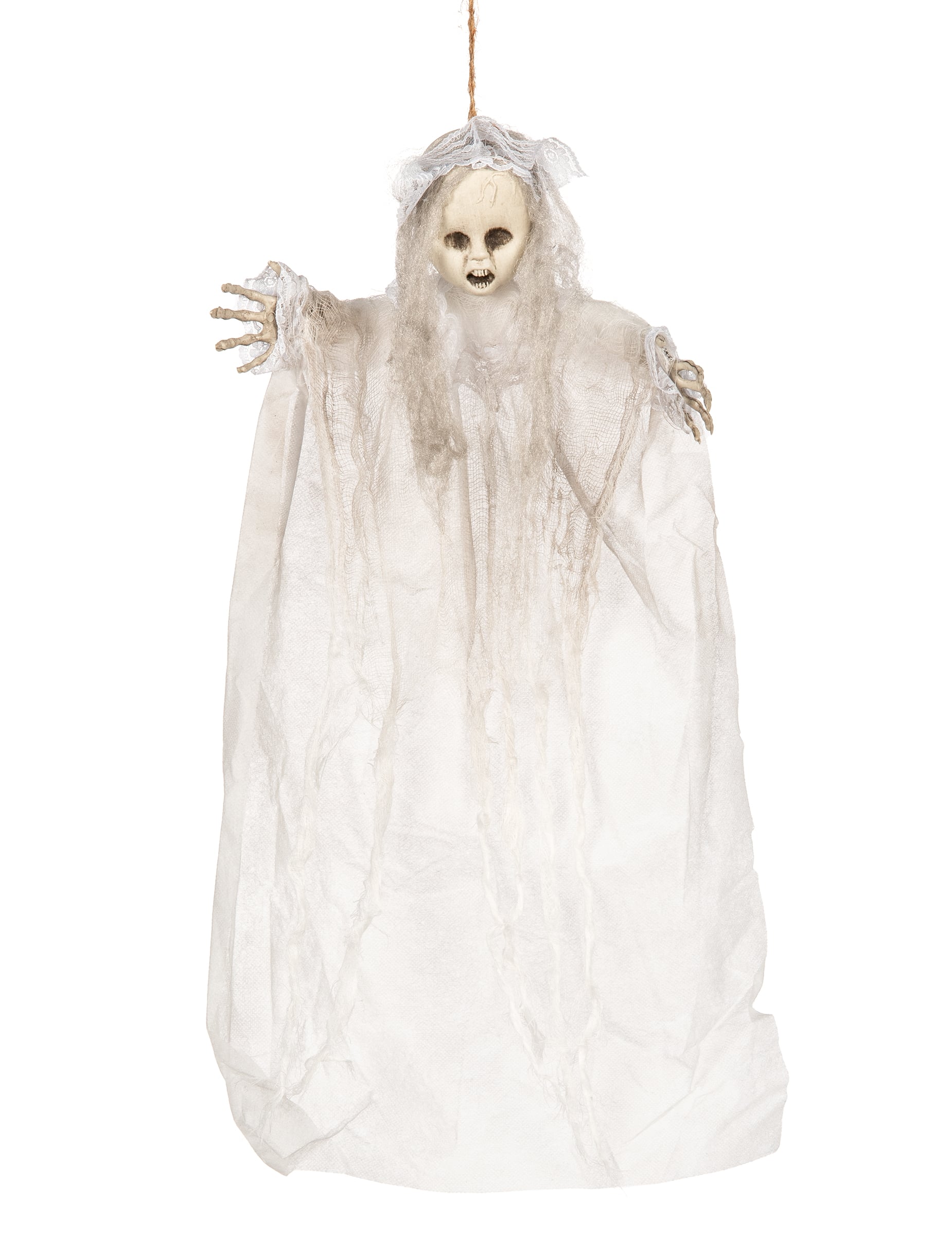 Décoration à suspendre poupon fantôme pour Halloween blanche avec dentelle et voilage