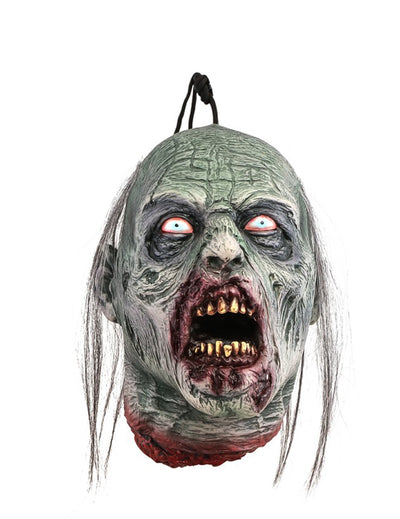 Décoration à suspendre tête de zombie pour Halloween grise avec bouche ensanglantée