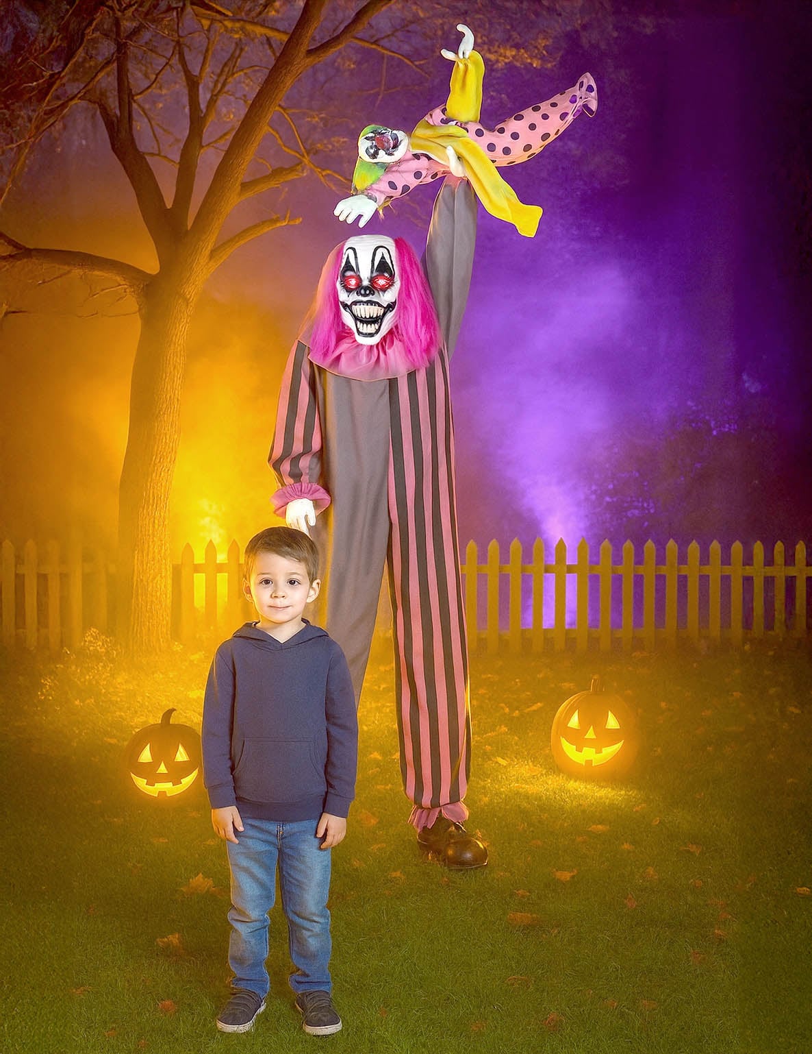 Décoration animée et sonore clown effrayant tenant une fille pour Halloween gris à rayures roses