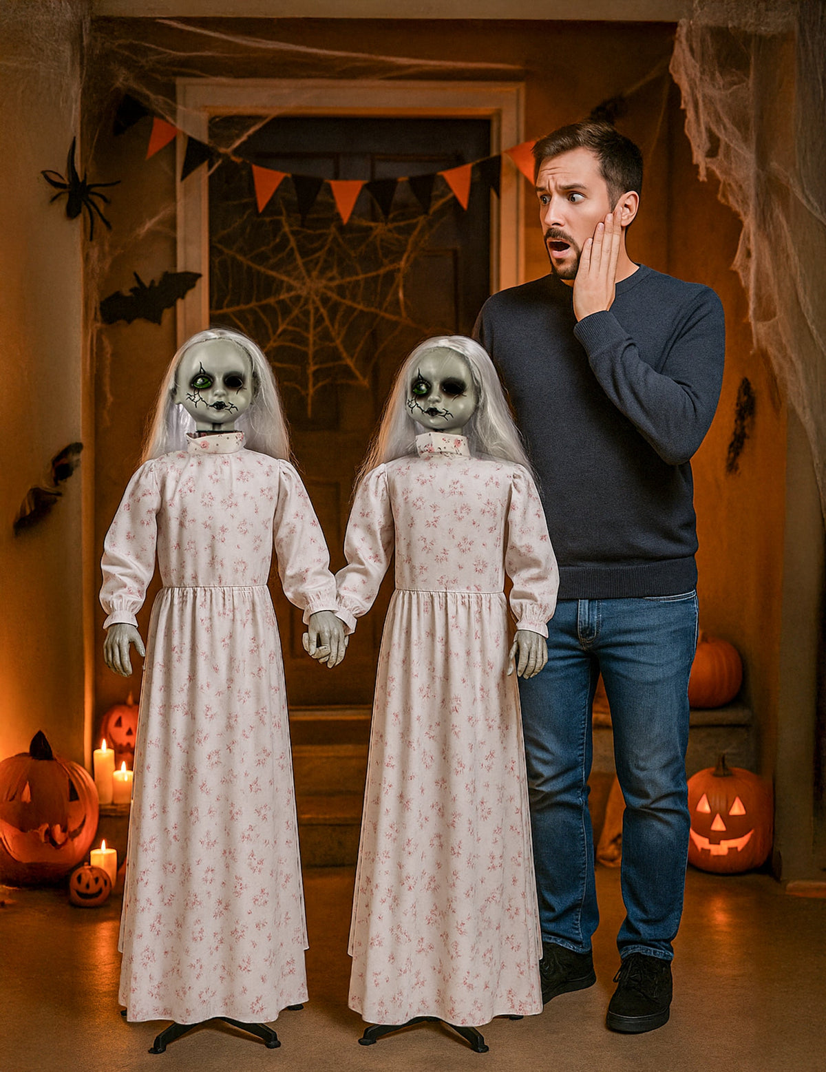 Décoration animée et sonore jumelles terrifiantes pour Halloween avec robes blanches à fleurs et cheveux gris