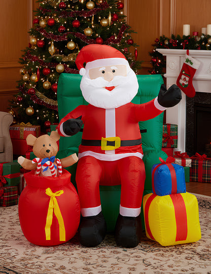 Анимирана надуваема украса на Дядо Коледа, седнал с подаръци 122 cm 