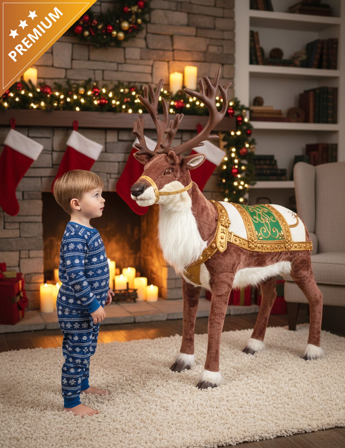 Décoration animée renne de Noël avec son et mouvement pour la maison marron avec harnais doré et selle verte