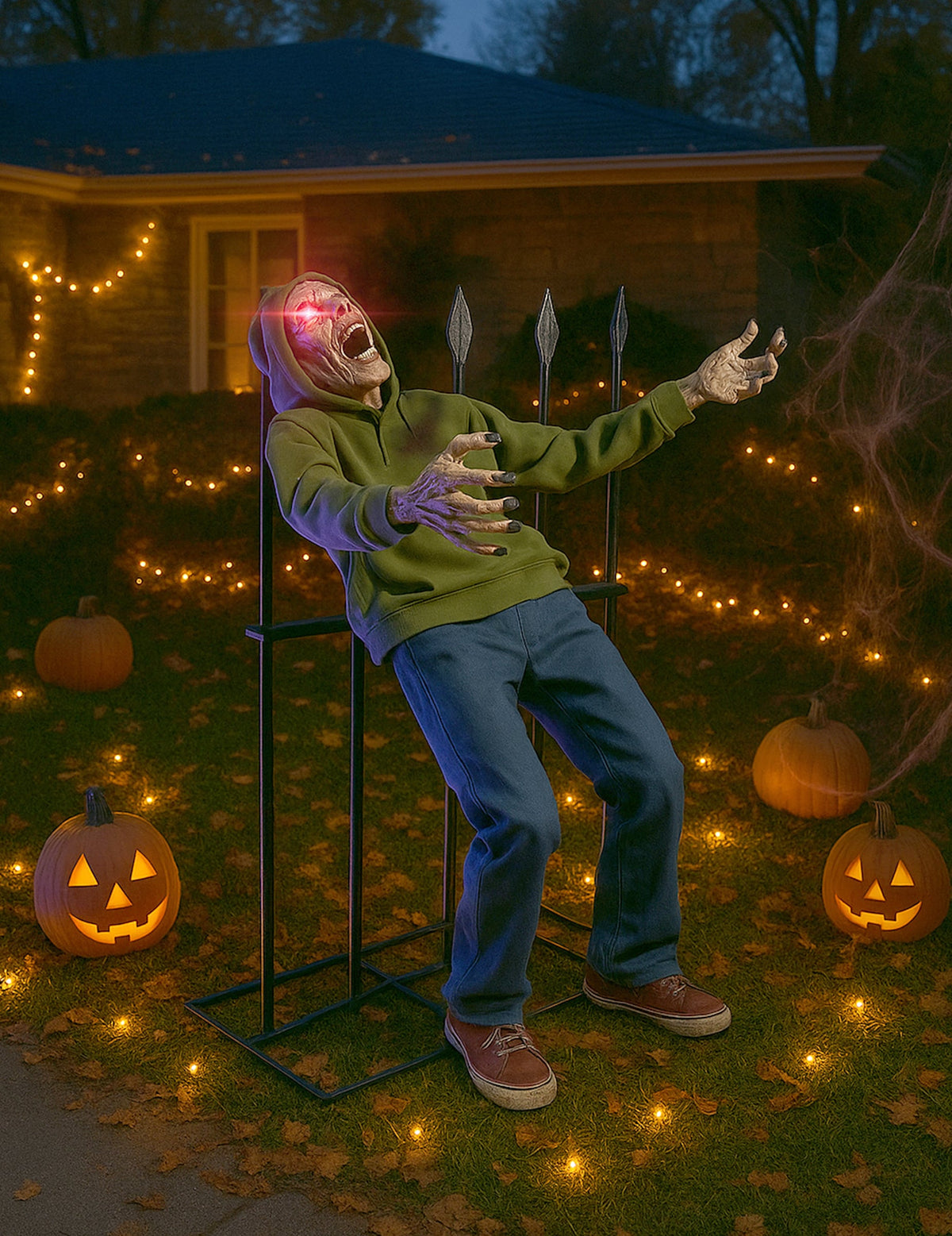 Décoration animée zombie empalé pour Halloween sonore et lumineux avec yeux rouges
