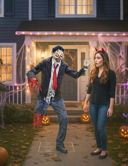 Анимирана декорация „Счупено зомби“ с шарнирни ръце, звук и светлини, 1,8 м