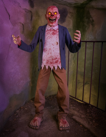 Décoration animée zombie terrifiant pour Halloween aux yeux lumineux avec veste bleue et chemise ensanglantée
