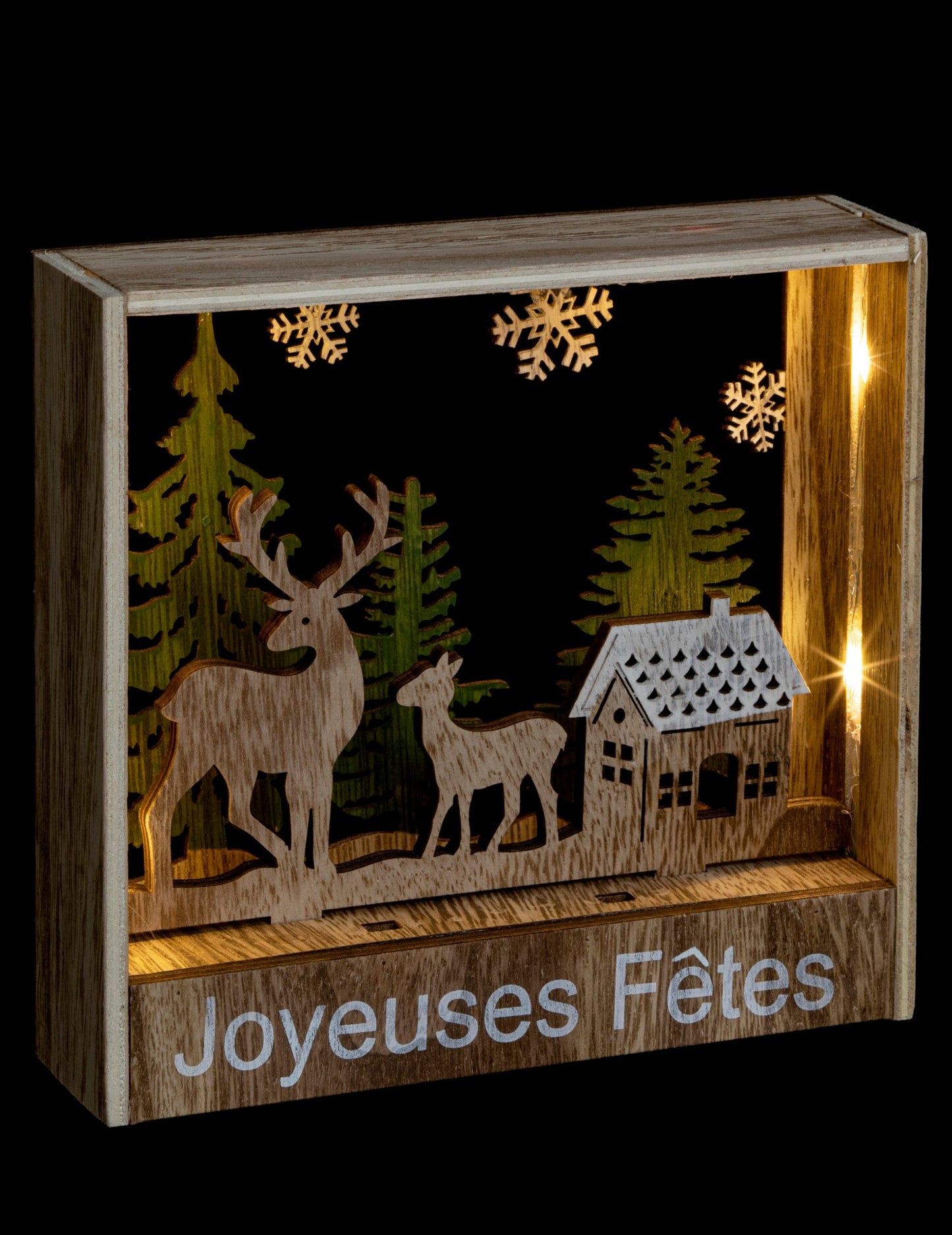 Décoration cadre lumineux à poser rennes en bois avec inscription Joyeuses Fêtes