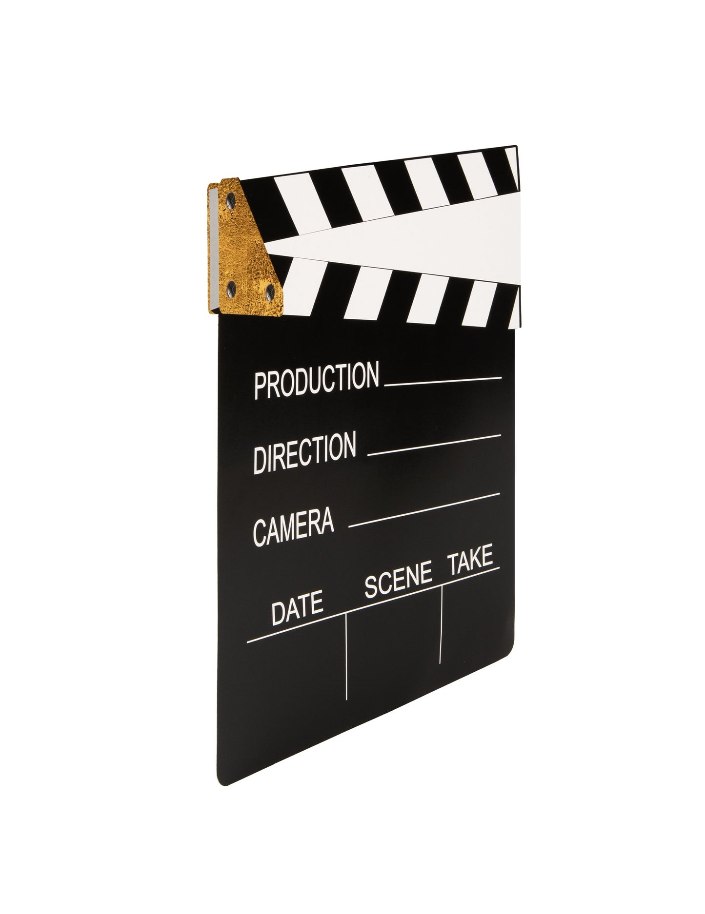 Vue de profil de la décoration clap de cinéma noir et blanc en carton personnalisable