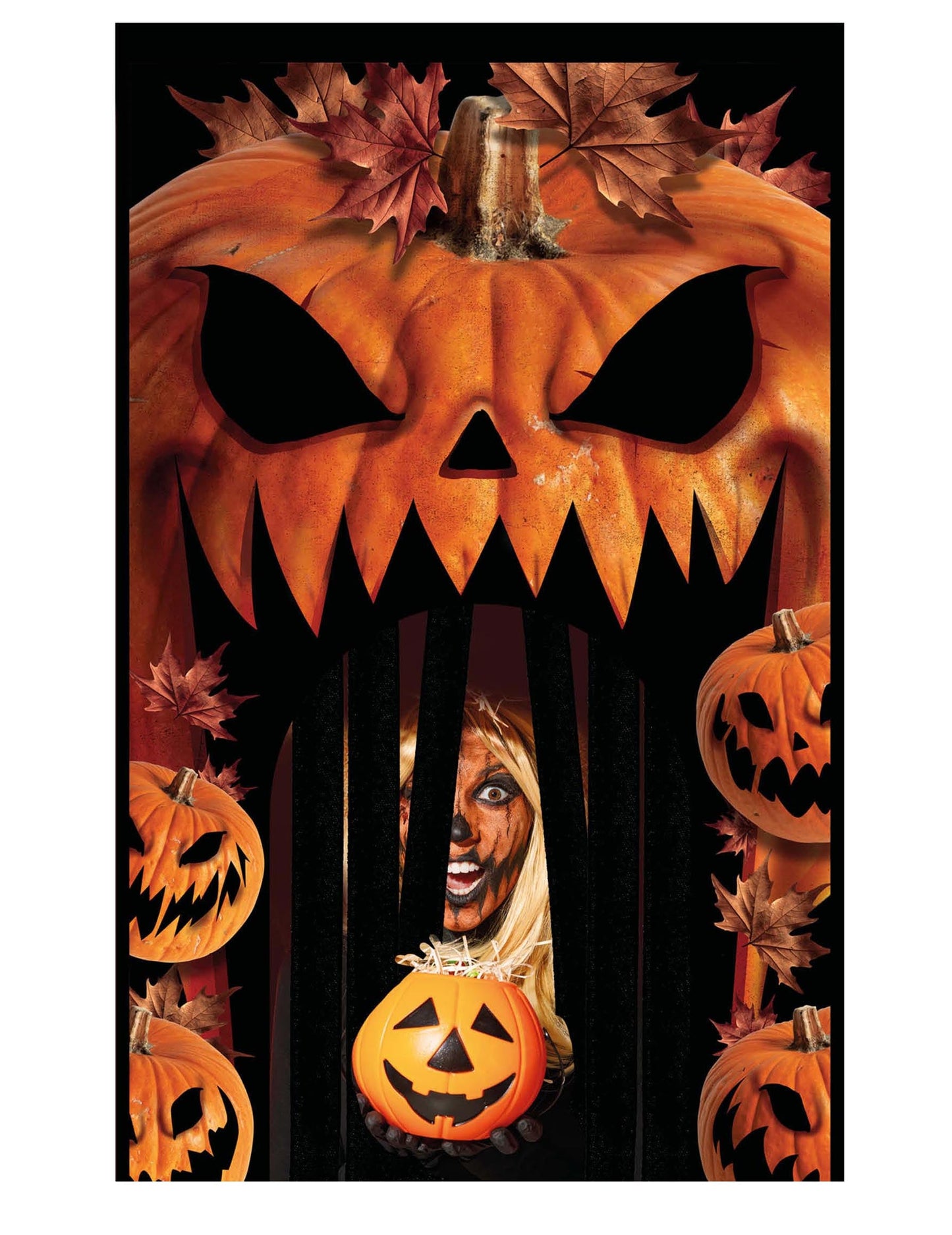 Mise en situation de la décoration de porte avec rideau citrouilles