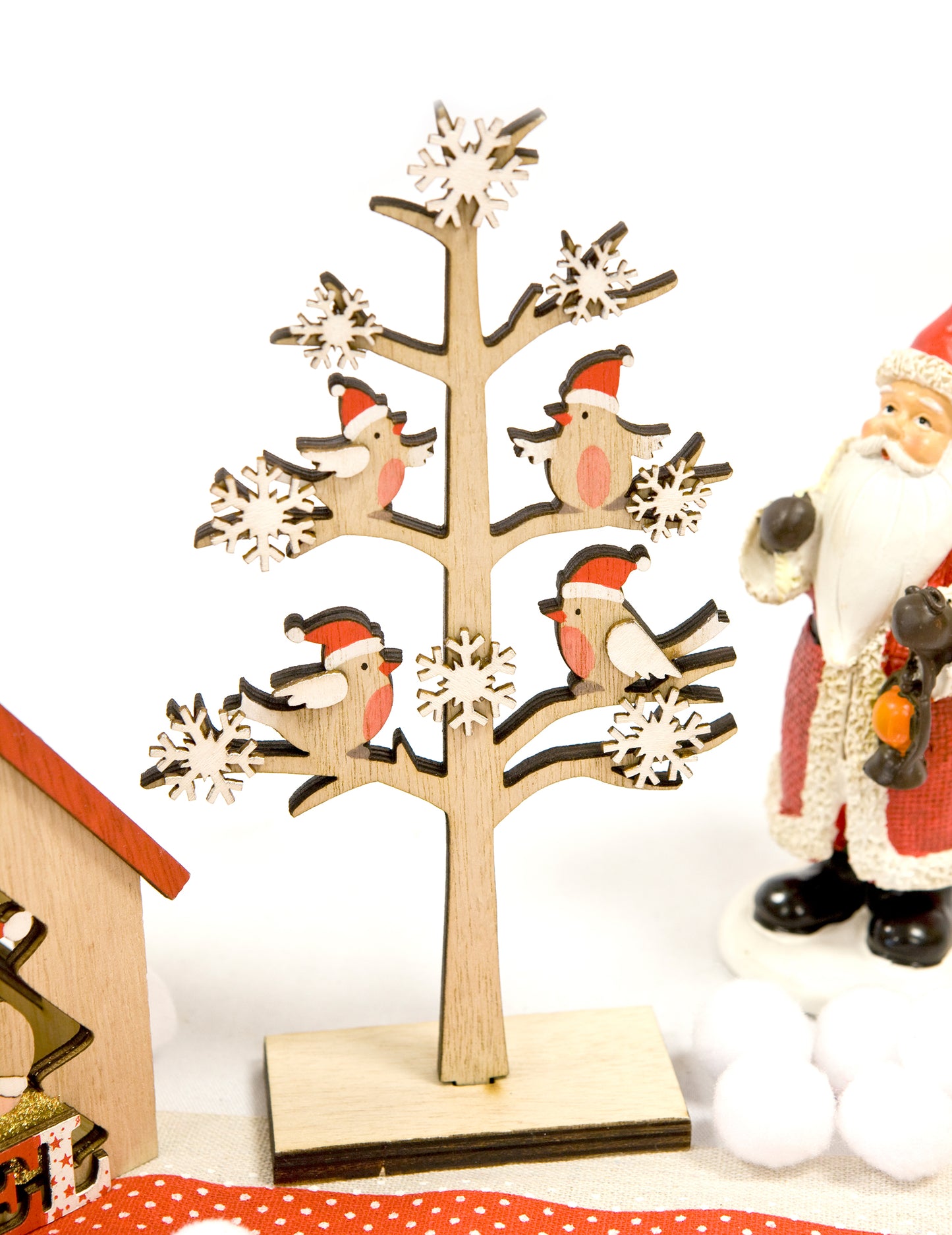 Дървена украса за елха с кацнали птици и коледни снежинки 18 x 11 x 4 cm