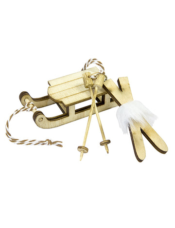 Дървена декорация на шейна и чифт ски, 7,8 x 3 cm за Коледа