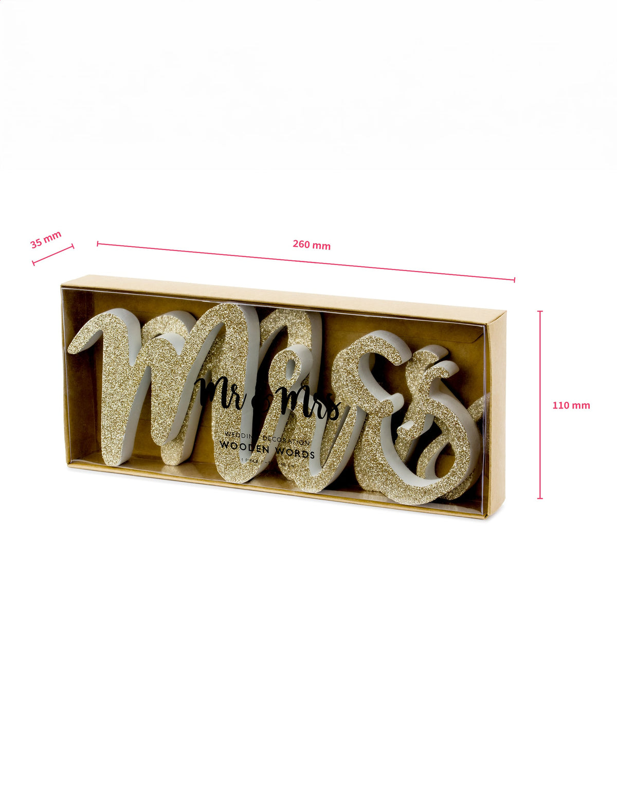 Détail des dimensions de la décoration en bois Mr et Mrs pour mariage