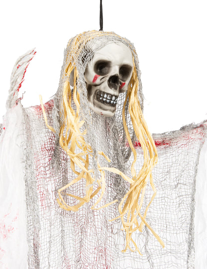 Détail du crâne et des cheveux de la décoration fantôme sanglant pour Halloween