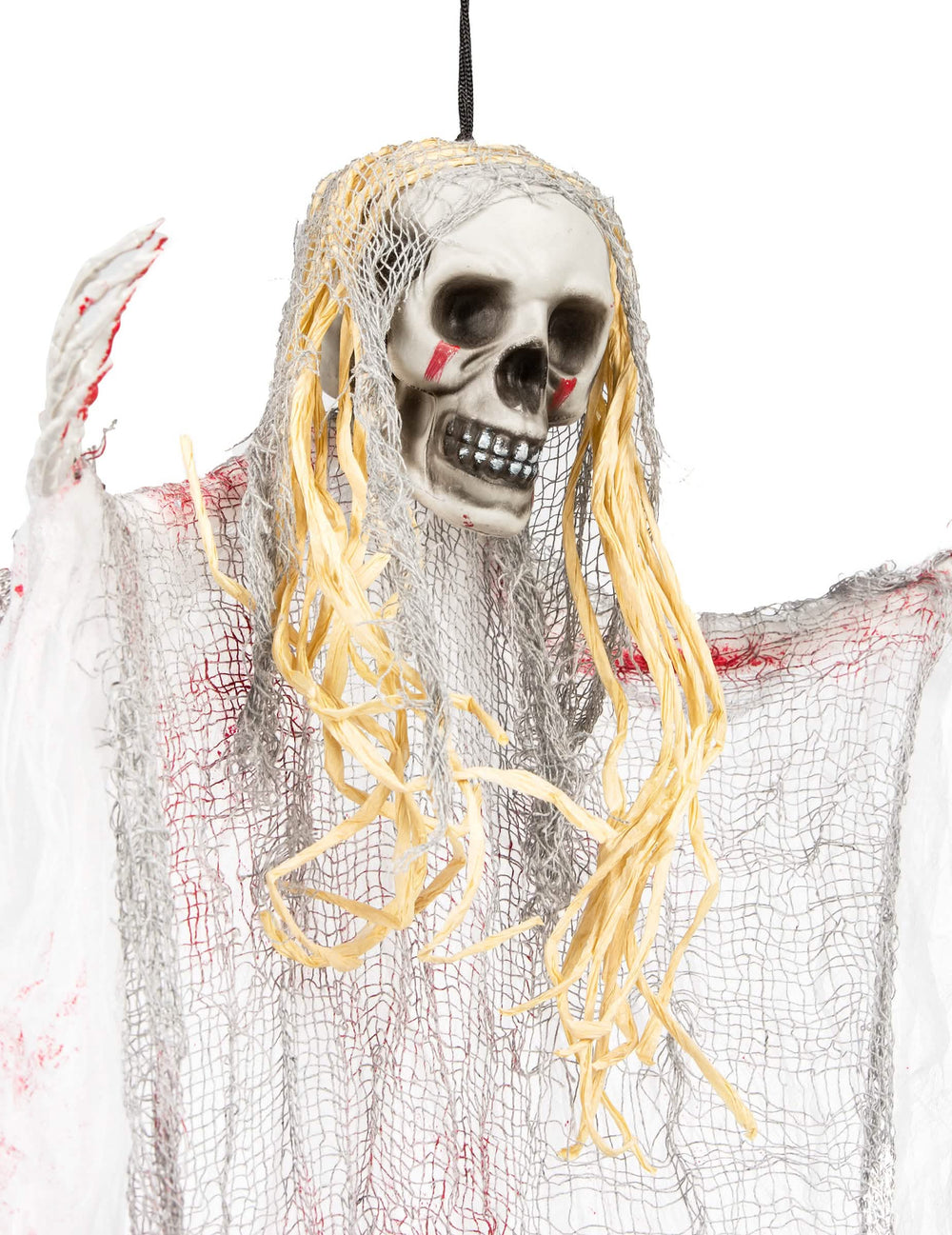 Детайл на черепа и косата на кървавата украса призрак за halloween